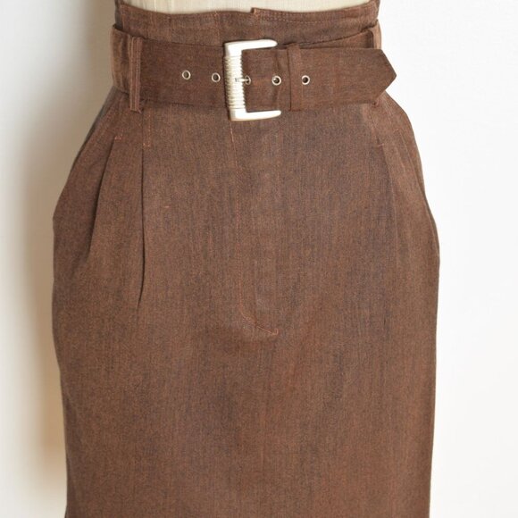 vintage 80s pencil skirt brown high waisted wide belt belted narrow mini skirt S - Picture 2 of 8
